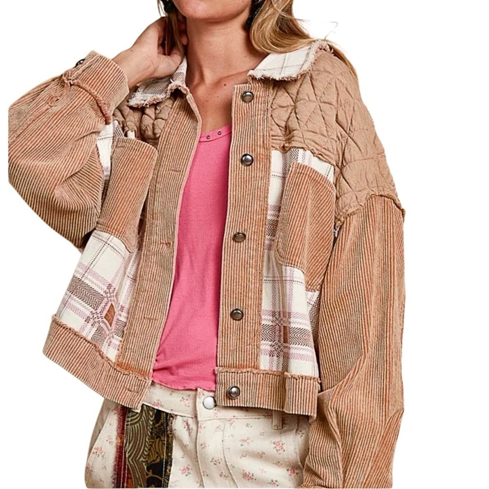 POL Corduroy Jacquard Patchwork Button Up Jacket Tan Multicolor Size S,M,L New - Picture 6 of 16